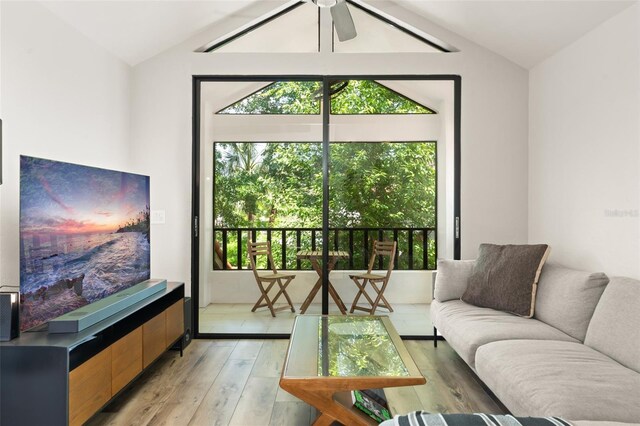 546 Via Fontana Dr Unit 203, Altamonte Springs, FL 32714 - living area featuring lofted ceiling, light wood-style floors, and a ceiling fan