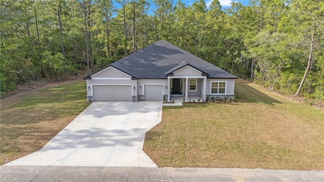 single story home featuring concrete driveway, an attached garage, a front lawn, and roof with shingles