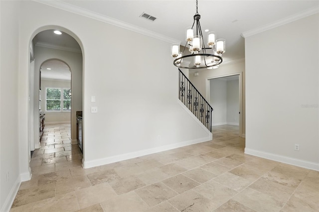 unfurnished room featuring stone tile flooring, ornamental molding, a chandelier, baseboards, and stairway