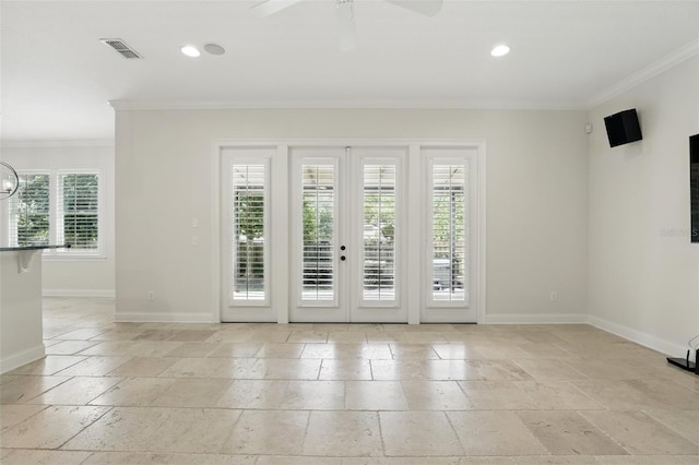 unfurnished room featuring ornamental molding, stone tile flooring, baseboards, recessed lighting, and ceiling fan