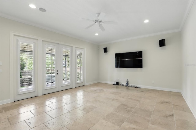 unfurnished living room with recessed lighting, ornamental molding, baseboards, ceiling fan, and stone tile flooring
