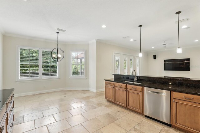 kitchen featuring stainless steel dishwasher, a sink, brown cabinets, ornamental molding, and baseboards