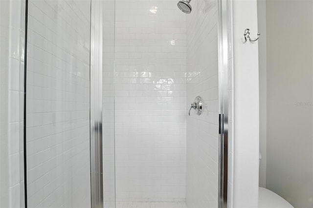 bathroom with a stall shower and toilet
