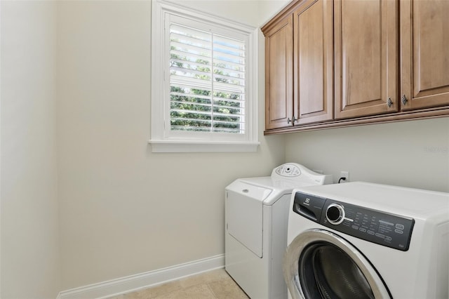 laundry room with independent washer and dryer, cabinet space, and baseboards