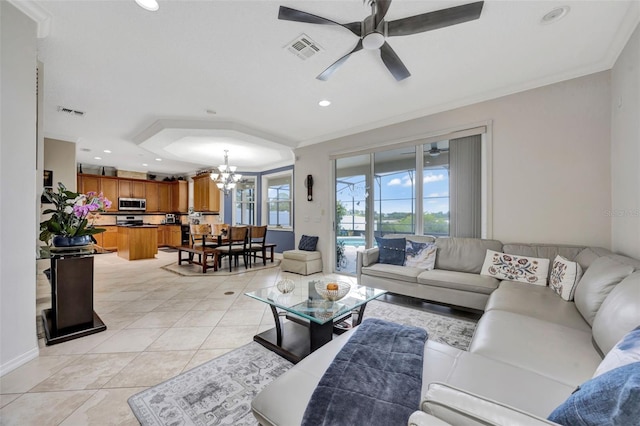 14231 Sonco Ave, Windermere, FL 34786 - living room featuring ceiling fan, a chandelier, recessed lighting, and light tile patterned floors