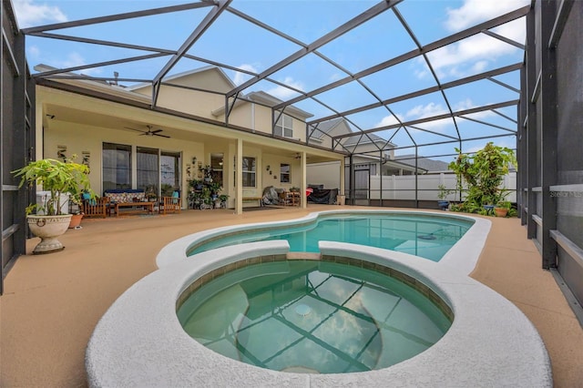 14231 Sonco Ave, Windermere, FL 34786 - view of pool with a ceiling fan, a patio area, a pool with connected hot tub, and glass enclosure