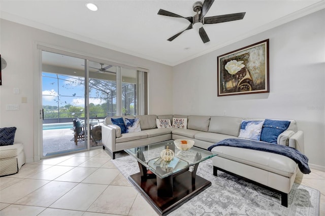 14231 Sonco Ave, Windermere, FL 34786 - living room featuring a ceiling fan, crown molding, light tile patterned floors, and baseboards
