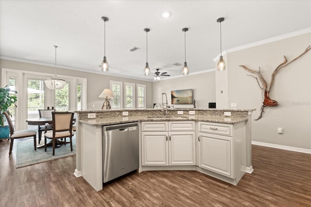 kitchen featuring ceiling fan with notable chandelier, a sink, stainless steel dishwasher, dark wood-style flooring, and ornamental molding