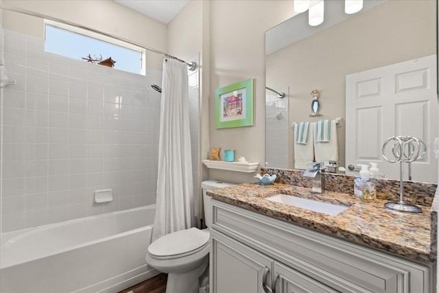 full bath featuring shower / bath combination with curtain, toilet, wood finished floors, and vanity