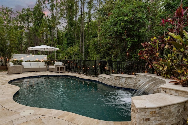 view of pool featuring a fenced backyard, an outdoor hangout area, and a patio