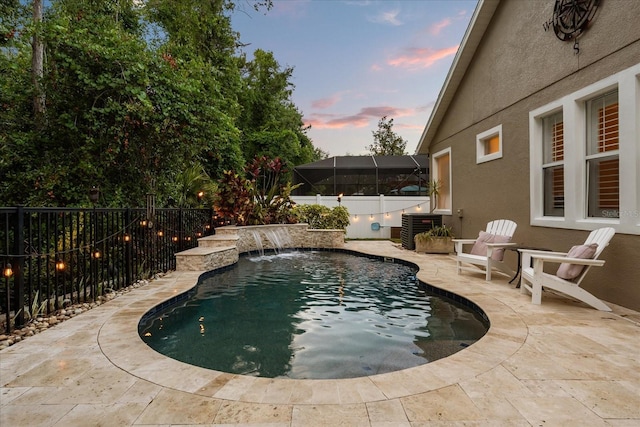 view of swimming pool with a fenced backyard, a patio area, and central air condition unit
