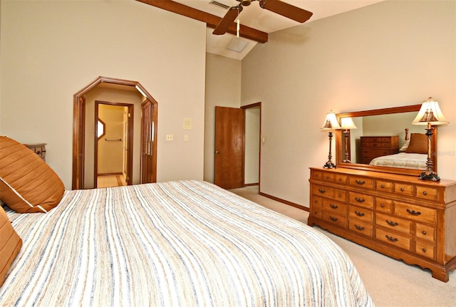 bedroom featuring light carpet and ceiling fan