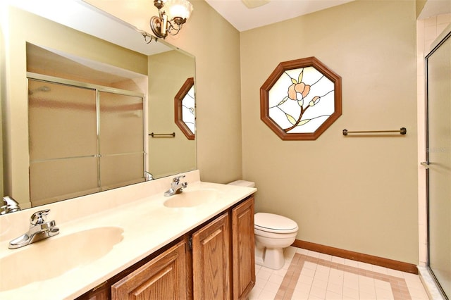 bathroom featuring an enclosed shower, tile patterned flooring, and toilet