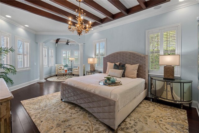 5909 Oxford Moor Blvd, Windermere, FL 34786 - bedroom featuring ornate columns, beam ceiling, arched walkways, hardwood / wood-style flooring, and baseboards