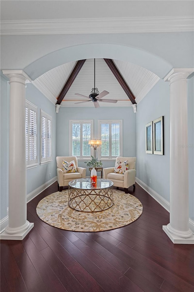 5909 Oxford Moor Blvd, Windermere, FL 34786 - living area with ornate columns, hardwood / wood-style flooring, baseboards, a ceiling fan, and wooden ceiling