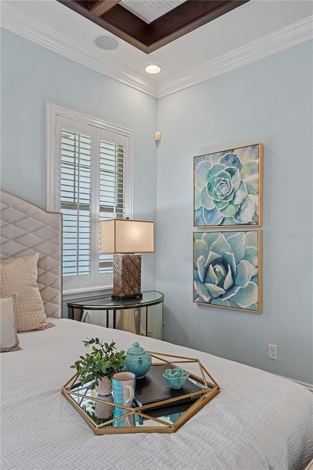 5909 Oxford Moor Blvd, Windermere, FL 34786 - bedroom featuring crown molding, beamed ceiling, coffered ceiling, and recessed lighting