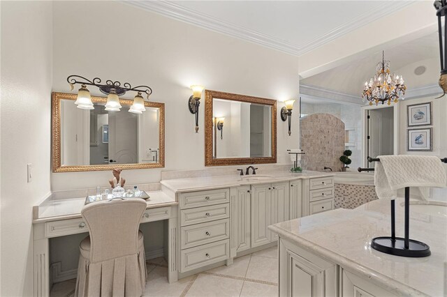 5909 Oxford Moor Blvd, Windermere, FL 34786 - full bath featuring ornamental molding, vanity, tile patterned floors, and a chandelier