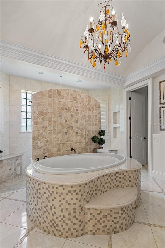 5909 Oxford Moor Blvd, Windermere, FL 34786 - bathroom with tile patterned flooring, a garden tub, a chandelier, and lofted ceiling