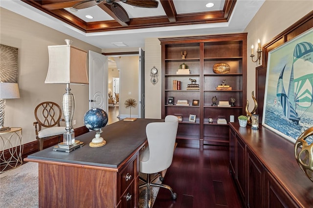 5909 Oxford Moor Blvd, Windermere, FL 34786 - office featuring coffered ceiling, a ceiling fan, beam ceiling, dark wood-type flooring, and crown molding