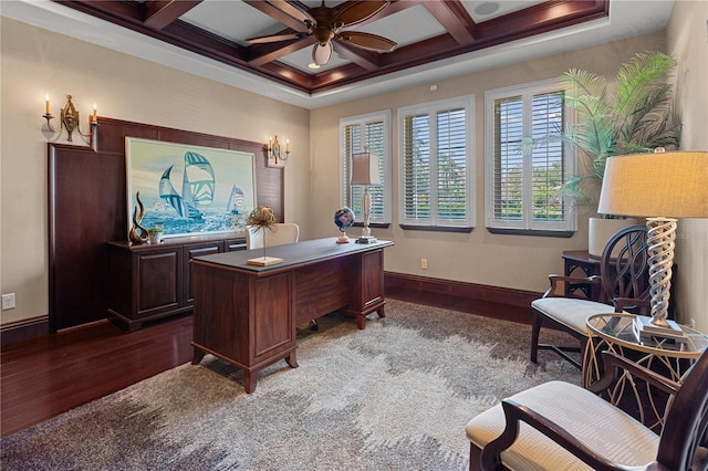 5909 Oxford Moor Blvd, Windermere, FL 34786 - office space featuring dark wood-style floors, ceiling fan, coffered ceiling, beamed ceiling, and baseboards
