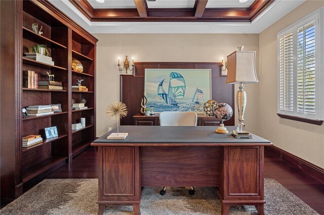 5909 Oxford Moor Blvd, Windermere, FL 34786 - office featuring ornamental molding, beam ceiling, coffered ceiling, dark wood-style floors, and baseboards