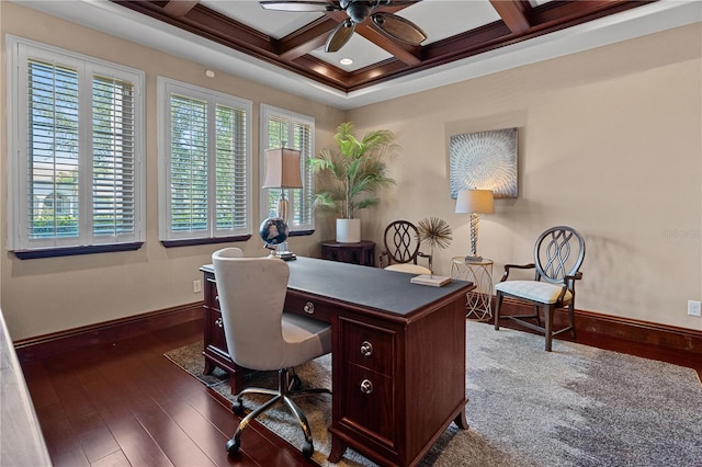 5909 Oxford Moor Blvd, Windermere, FL 34786 - office featuring a ceiling fan, wood-type flooring, baseboards, coffered ceiling, and beam ceiling