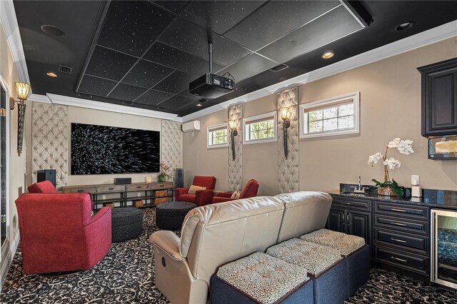 5909 Oxford Moor Blvd, Windermere, FL 34786 - home theater featuring beverage cooler, crown molding, a sink, an AC wall unit, and recessed lighting