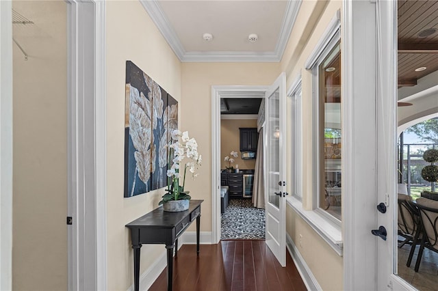 5909 Oxford Moor Blvd, Windermere, FL 34786 - hall with dark wood-type flooring, crown molding, french doors, and baseboards