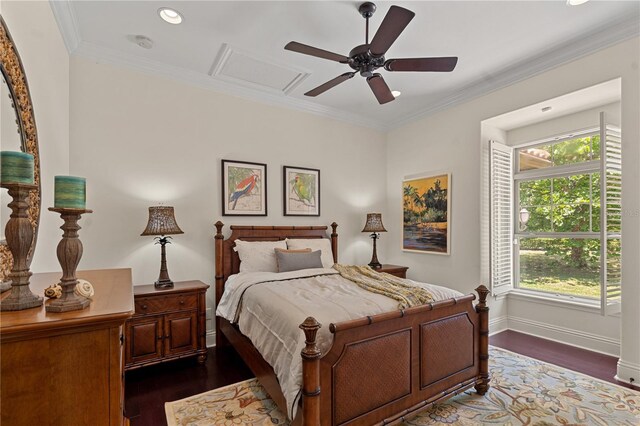 5909 Oxford Moor Blvd, Windermere, FL 34786 - bedroom featuring dark wood-type flooring, recessed lighting, attic access, baseboards, and ornamental molding