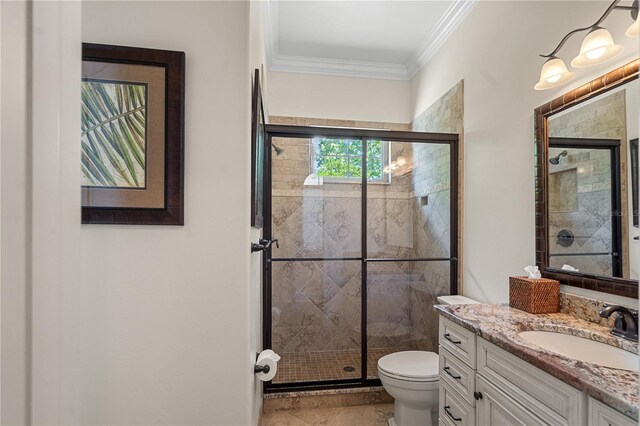 5909 Oxford Moor Blvd, Windermere, FL 34786 - bathroom featuring a stall shower, ornamental molding, toilet, and vanity