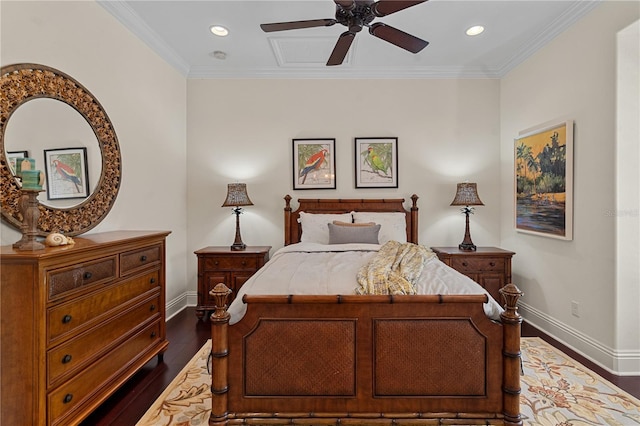 5909 Oxford Moor Blvd, Windermere, FL 34786 - bedroom featuring baseboards, dark wood-style floors, recessed lighting, crown molding, and a ceiling fan