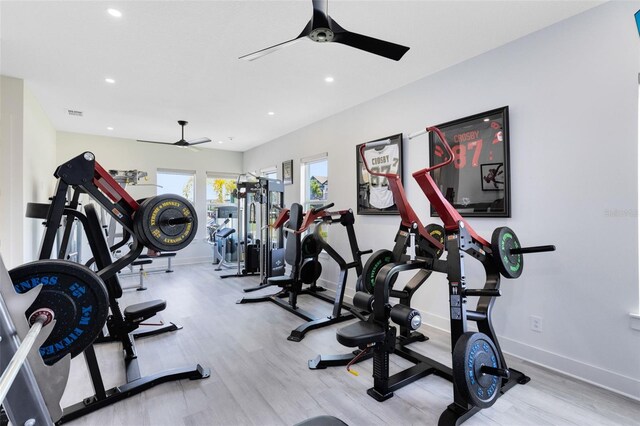 300 Muirfield Loop, Reunion, FL 34747 - workout area with a ceiling fan, baseboards, wood finished floors, and recessed lighting