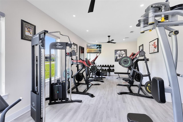 300 Muirfield Loop, Reunion, FL 34747 - gym featuring wood finished floors, ceiling fan, recessed lighting, and baseboards