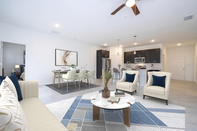 15998 SW 33rd Avenue Rd, Ocala, FL 34473 - living area with light tile patterned floors, visible vents, ceiling fan, and recessed lighting