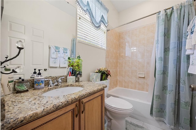 full bathroom with toilet, shower / bath combo with shower curtain, and vanity