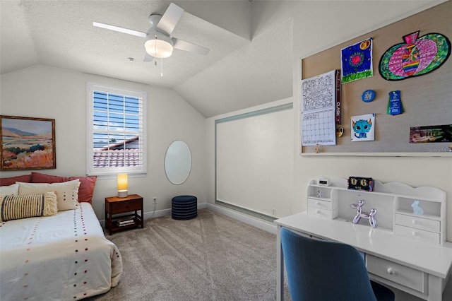 bedroom with lofted ceiling, a textured ceiling, carpet flooring, baseboards, and a ceiling fan