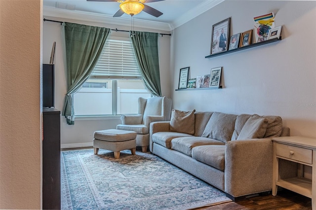 459 Millwood Pl, Winter Garden, FL 34787 - living area featuring a ceiling fan, ornamental molding, baseboards, and wood finished floors