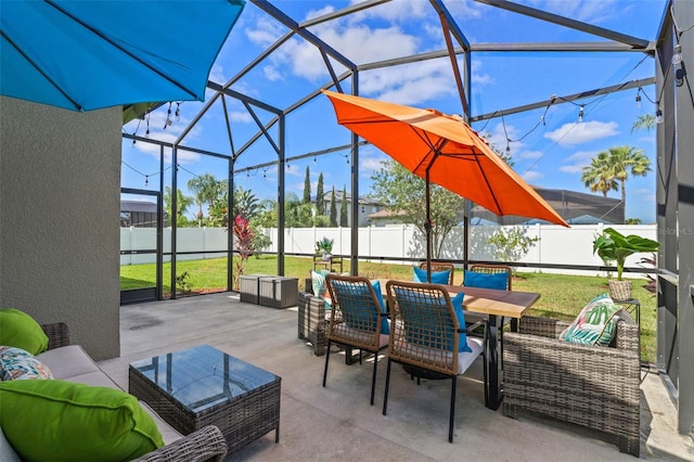 570 Cascading Creek Ln, Winter Garden, FL 34787 - view of patio / terrace featuring an outdoor living space, outdoor dining space, and glass enclosure