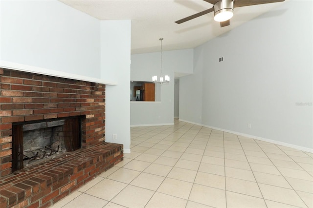 unfurnished living room with a chandelier, a fireplace, vaulted ceiling, a ceiling fan, and baseboards