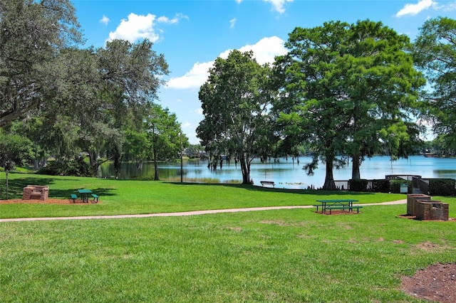 surrounding community featuring a water view and a yard