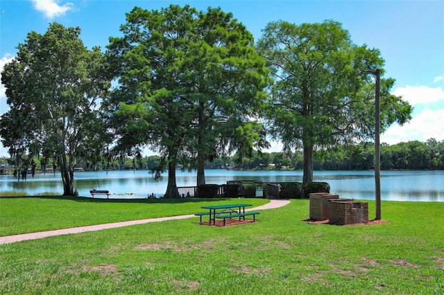 view of community featuring a water view and a yard