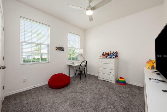 bedroom featuring carpet, baseboards, and a ceiling fan