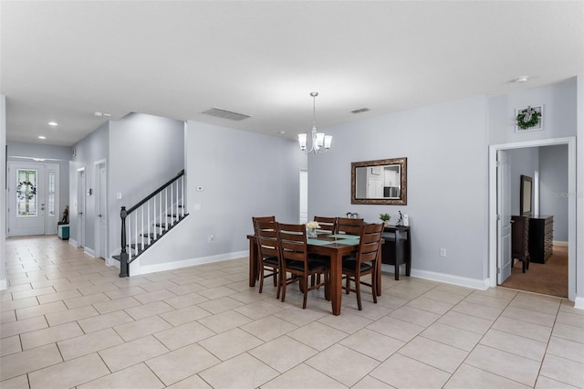 dining space featuring stairway, a chandelier, baseboards, light tile patterned flooring, and recessed lighting