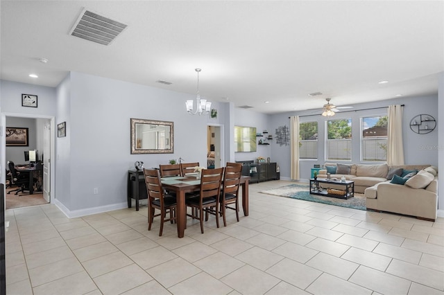 dining space featuring a ceiling fan, a chandelier, an office area, recessed lighting, and baseboards