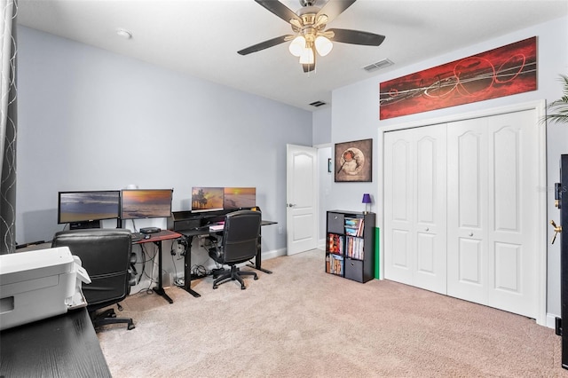 office area with carpet flooring and ceiling fan