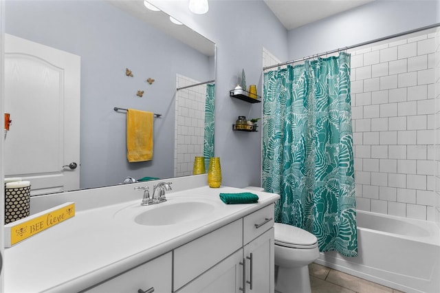 full bathroom with tile patterned flooring, toilet, shower / tub combo with curtain, and vanity