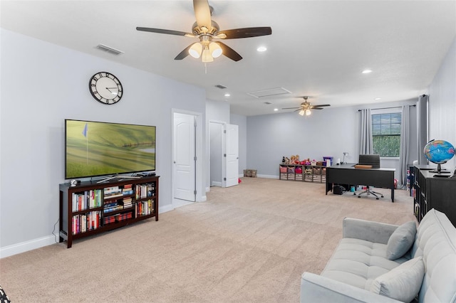 living room with a ceiling fan, carpet flooring, an office area, baseboards, and recessed lighting