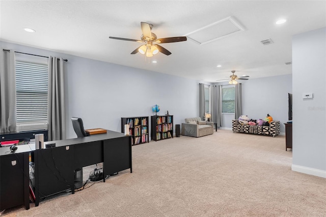 office with carpet, ceiling fan, attic access, recessed lighting, and baseboards