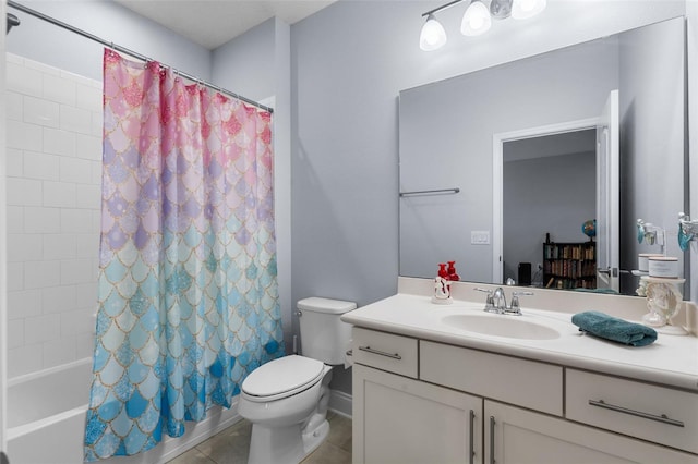 full bathroom with toilet, tile patterned flooring, shower / bath combo, and vanity