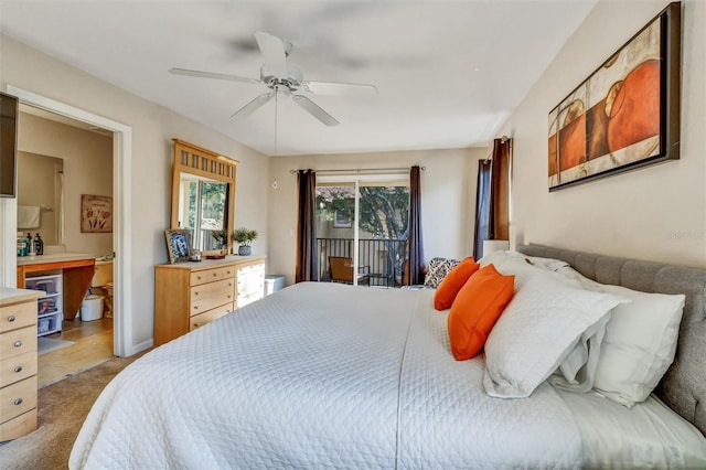 bedroom featuring connected bathroom, access to outside, a ceiling fan, and light carpet